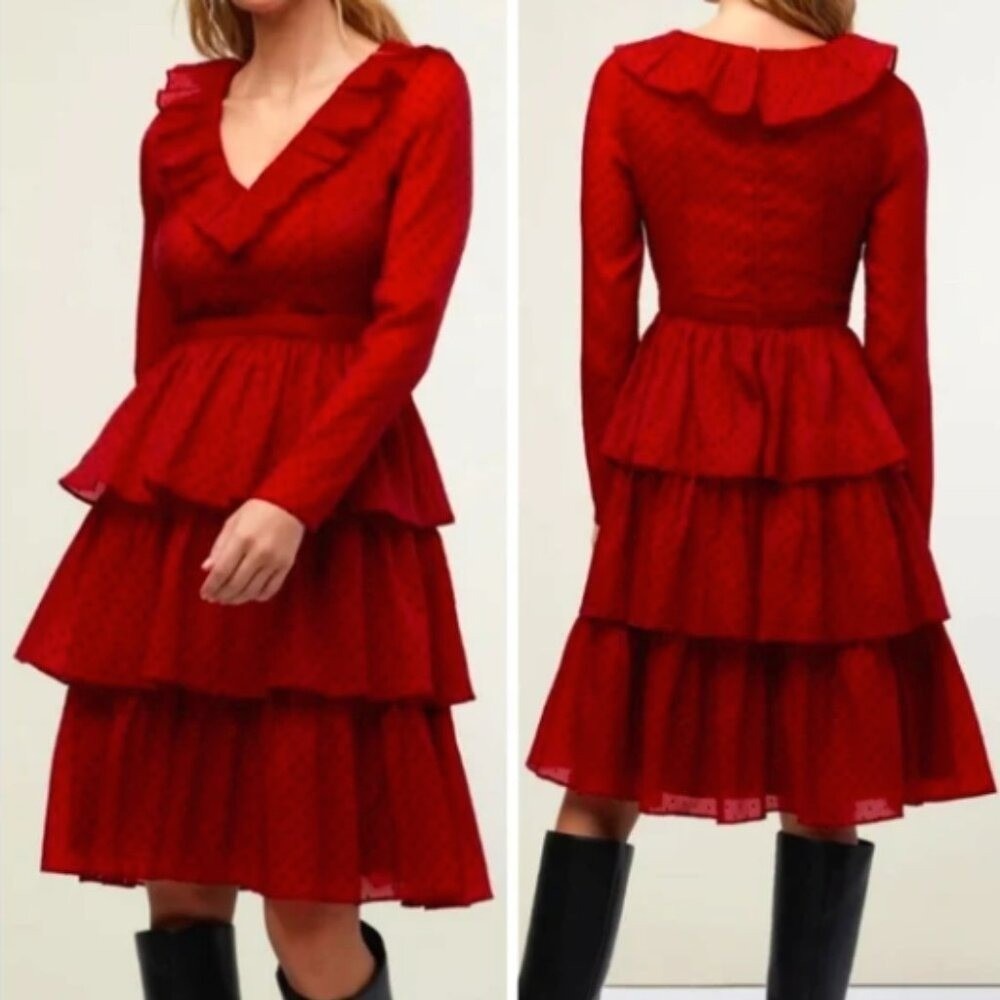 NWT Rachel Parcell‎ Red w Polka Dot Chiffon Flocked Tiered Ruffle Midi Dress 2